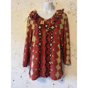 Ralph Lauren Size XL Aztec Print Top Southwest Ruffle Collar Long Sleeve 075